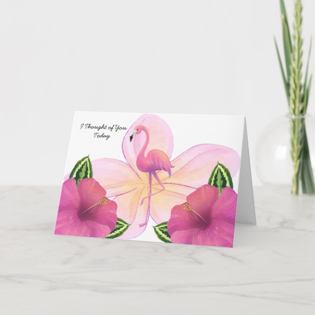 Carte Pensée de vous avec Flamant rose & Fleurs (Devant)