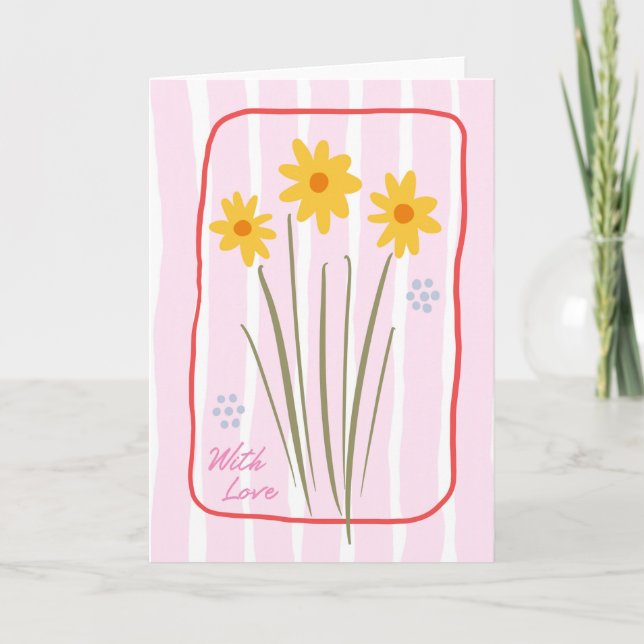 Carte Pensée Florale Jonquille Rayée de Bonbons Roses (Devant)