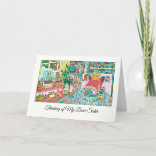 Carte Pensée pour ma chère sœur avec chat sur la table 