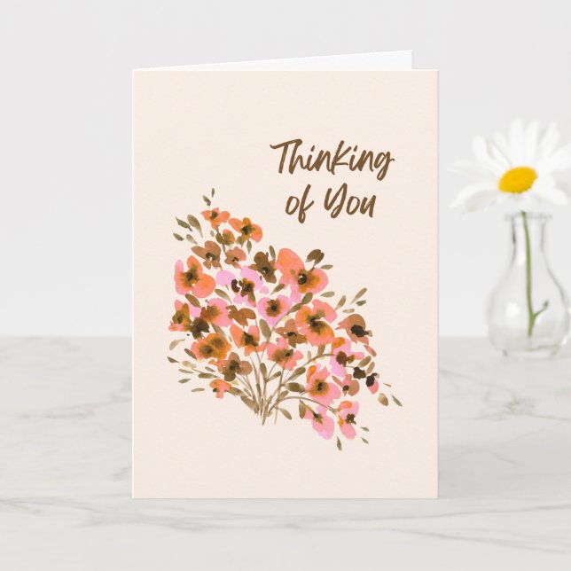 Carte Pensées pour toi aquarelle rose corail (Petite plante)