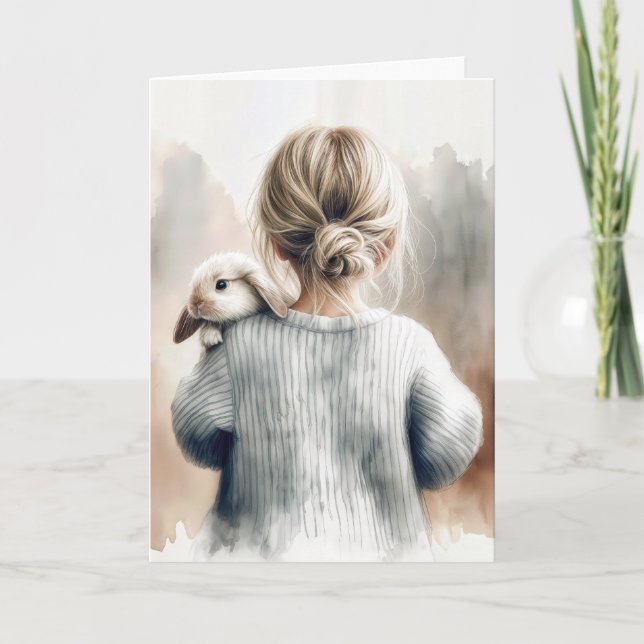 Carte Penser à toi fille avec un lapin (Devant)