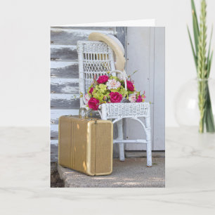 Carte penser à une valise et à des fleurs vous-rétro