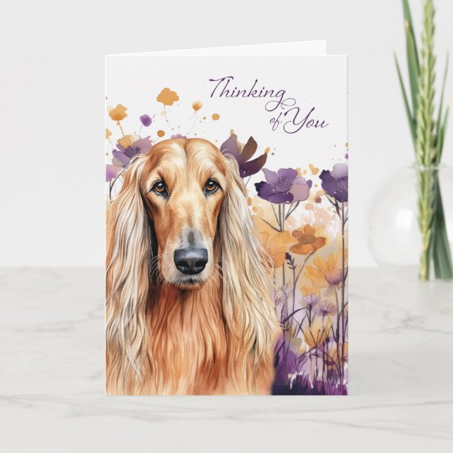 Carte Penser à vous Afghan Hound Chien Fleurs violettes (Devant)