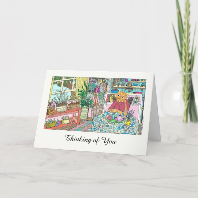 Carte Penser à vous avec le chat à la table Illustration (Devant)