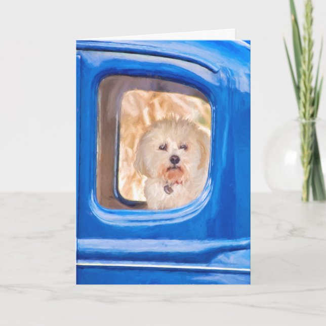Carte penser à vous-Bichon Frise chien dans vieille voit (Devant)