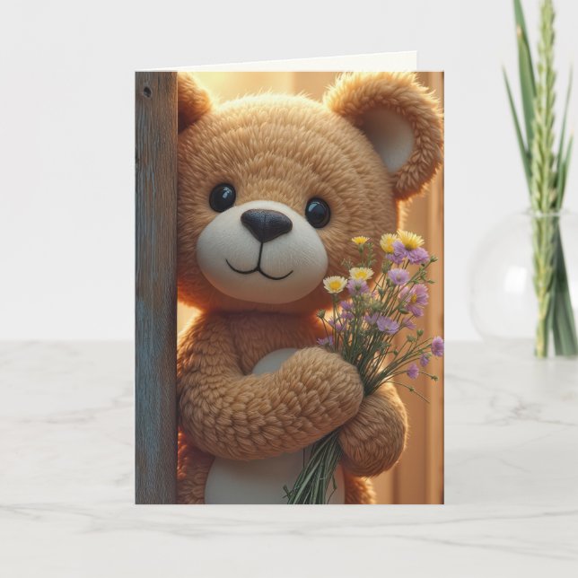 Carte Penser à vous Ours en peluche avec Bouquet Fleur s (Devant)