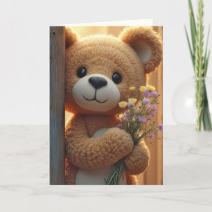 Carte Penser à vous Ours en peluche avec Bouquet Fleur s