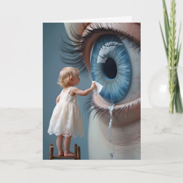 Carte Penser à vous petite fille essuyer des larmes (Devant)