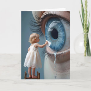 Carte Penser à vous petite fille essuyer des larmes