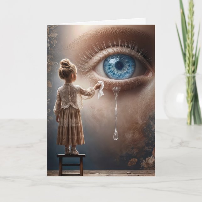 Carte Penser à vous petite fille essuyer des larmes (Devant)