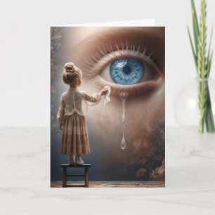 Carte Penser à vous petite fille essuyer des larmes