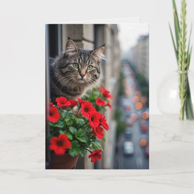 Carte Penser à vous Tabby Chat dans la fenêtre (Devant)