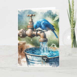 Carte Pensez à vous Bleu-oiseau sur un Faucet