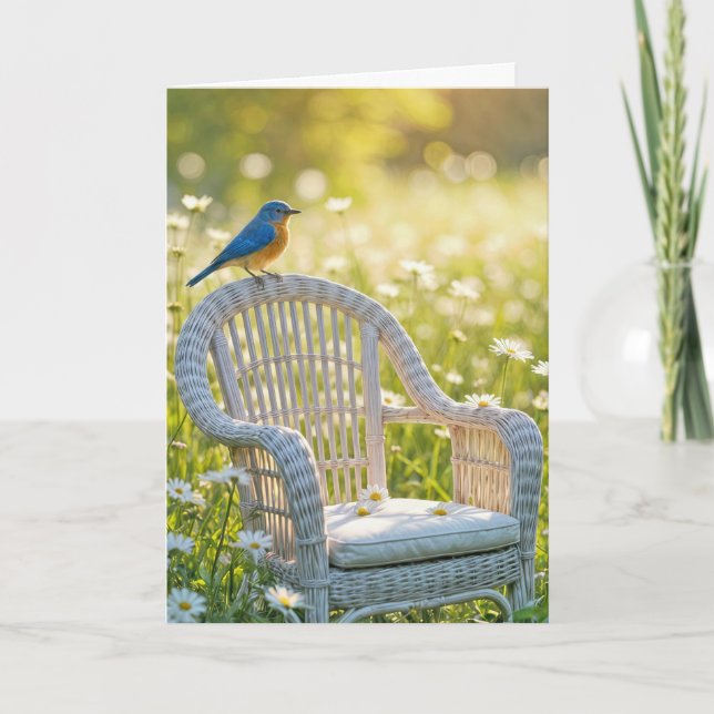 Carte Pensez à vous Bluebird sur une chaise en osier (Devant)