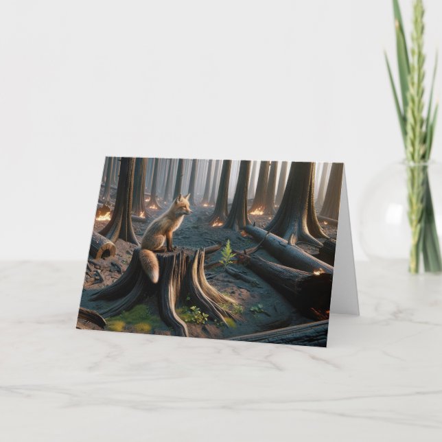 Carte Pensez à vous Fox dans la forêt brûlée (Devant)
