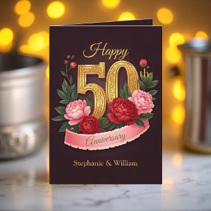 Carte Peonies roses Gold Numéro 50e anniversaire de Mari