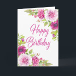 Carte Peony rose Purple Daisy été Joyeux anniversaire<br><div class="desc">Si joli et heureux. Les pivoines roses sont entourées de marguerites violettes profondes et de petits bourgeons. Des feuilles verts doux complètent l'exposition florale. Happy Birthday est écrit dans un texte en gros caractères. Idéal pour souhaiter un joyeux anniversaire à une mère ou à un meilleur ami en juillet.</div>