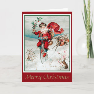 Carte Père Noël à bicyclette avec cerf et lapin