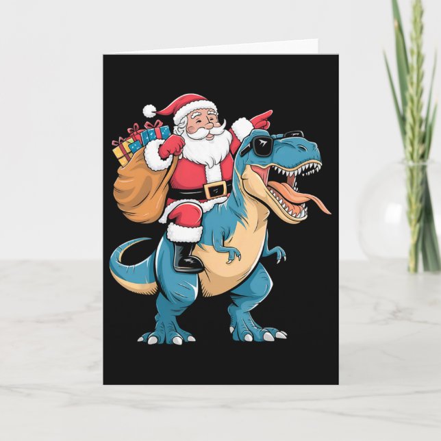 Carte Père Noël à cheval sur un dinosaure T Rex Noël Gar (Devant)