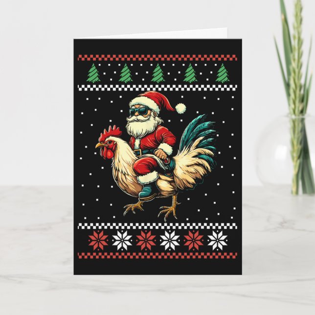 Carte Père Noël à cheval sur un poulet pull de Noël moch (Devant)