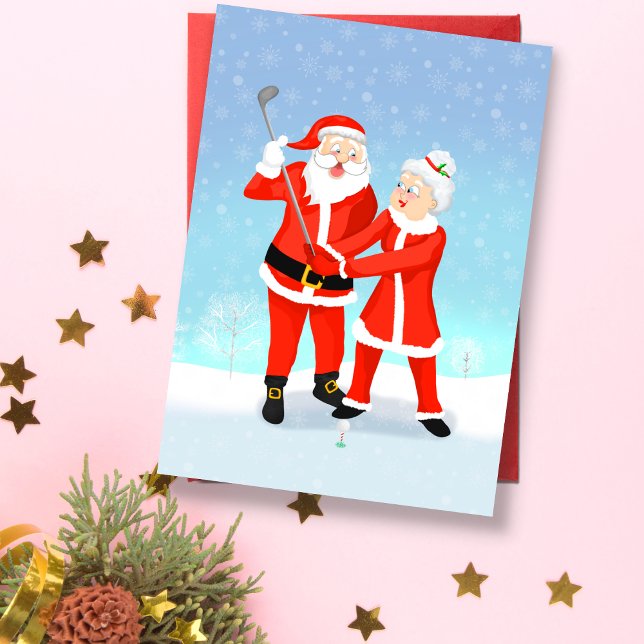 Carte Père Noël Aidant Mme Claus Avec Son Tournoi De Gol (A sweet Christmas card for a married golfing couple. )