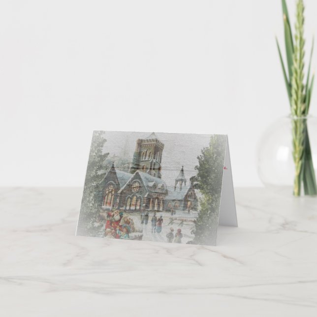 Carte Père Noël ancienne avec enfants devant une église (Devant)