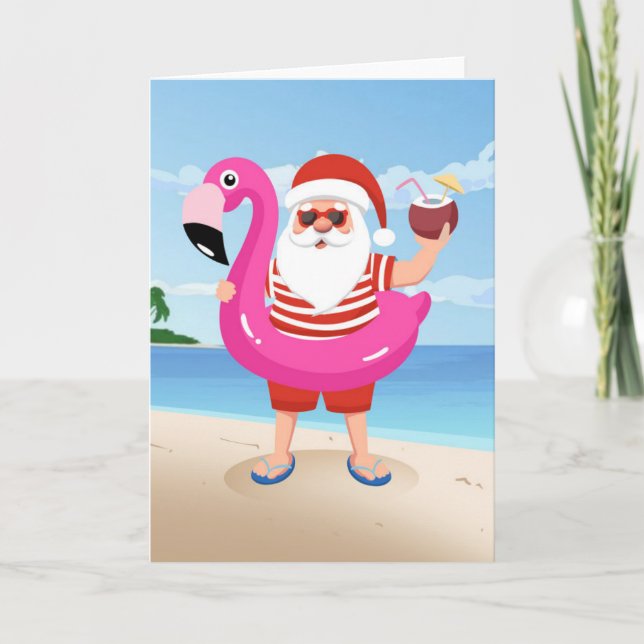 Carte Père Noël avec anneau gonflable de flamant rose (Devant)