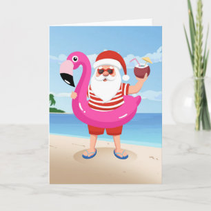 Carte Père Noël avec anneau gonflable de flamant rose
