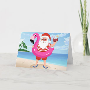 Carte Père Noël avec anneau gonflable de flamant rose