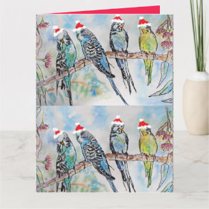 Carte Père Noël Budgie Noël aquarelle peinture oiseau