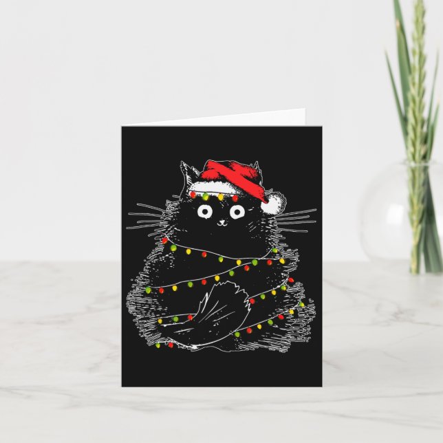 Carte Père Noël Chat Noir Tangé Dans La Lumière De L'Arb (Devant)