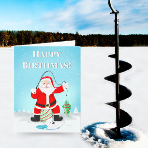 Carte Père Noël d'anniversaire pêche sur glace avec ours