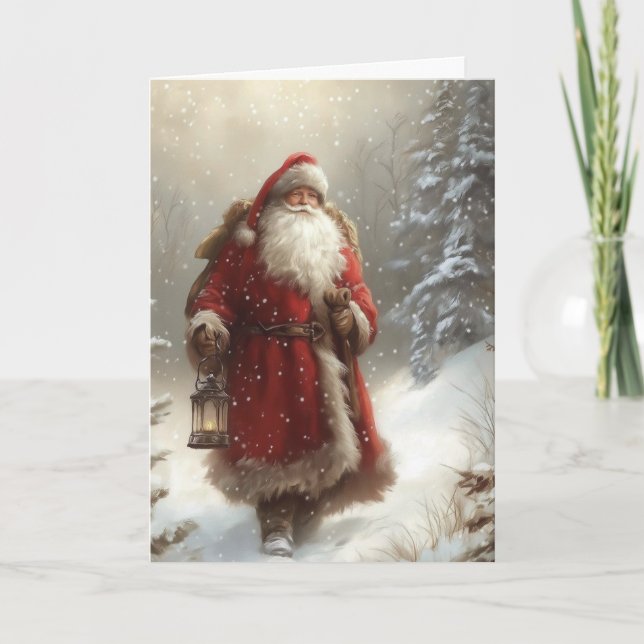 Carte Père Noël dans une forêt enneigée Joyeuses Fêtes p (Devant)