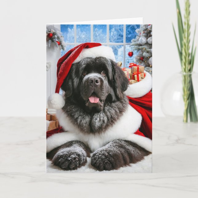 Carte Père Noël de chien de Terre-Neuve pliée de 5 (Devant)