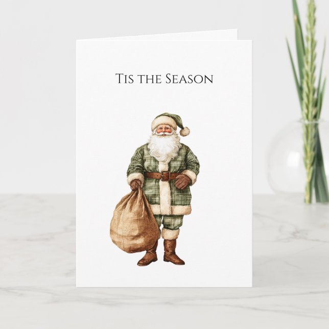 Carte Père Noël de Noël Brun Crème Vert Rustique (Devant)