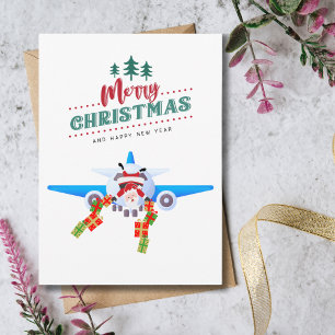 Carte Père Noël de Noël drôle dans un avion et photo