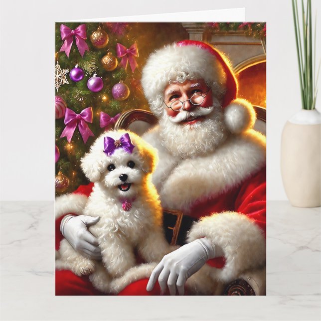 Carte Père Noël et Bichon Frisé Puppy avec pourpre Bow (Devant)