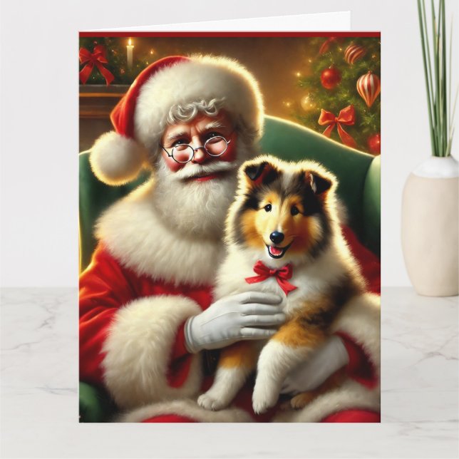 Carte Père Noël et Collie Puppy avec Red Bow (Devant)
