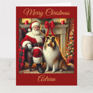Carte Père Noël et Collie sur la scène de Noël festive