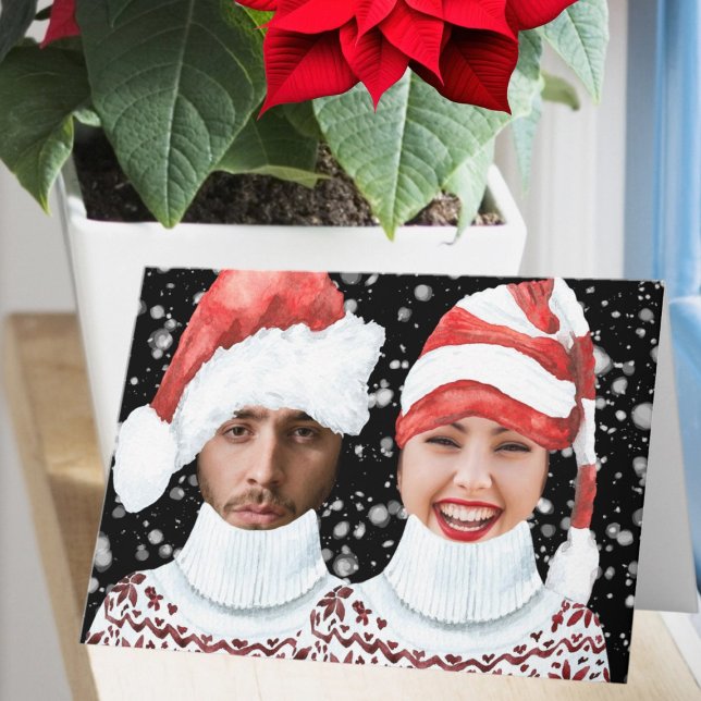 Carte Père Noël et Elfe Photo Drôle Noël Personnalisé (Funny Photo Santa and Elf Personalized Christmas Card by Ricaso. Add your own faces to humorous card)