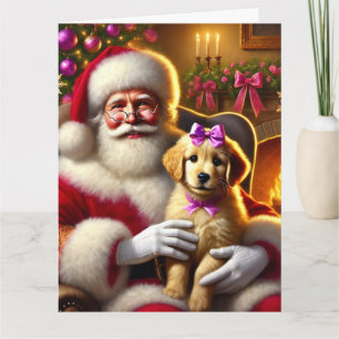 Carte Père Noël et Golden Retriever Puppy avec Pink Bow