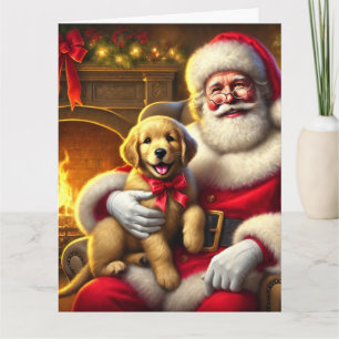Carte Père Noël et Golden Retriever Puppy avec Red Bow