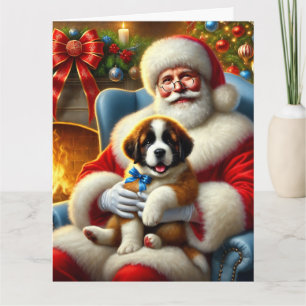 Carte Père Noël et Saint Bernard Puppy avec Blue Bow