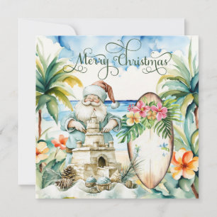 Carte Père Noël fait un château de sable de Noël sur la