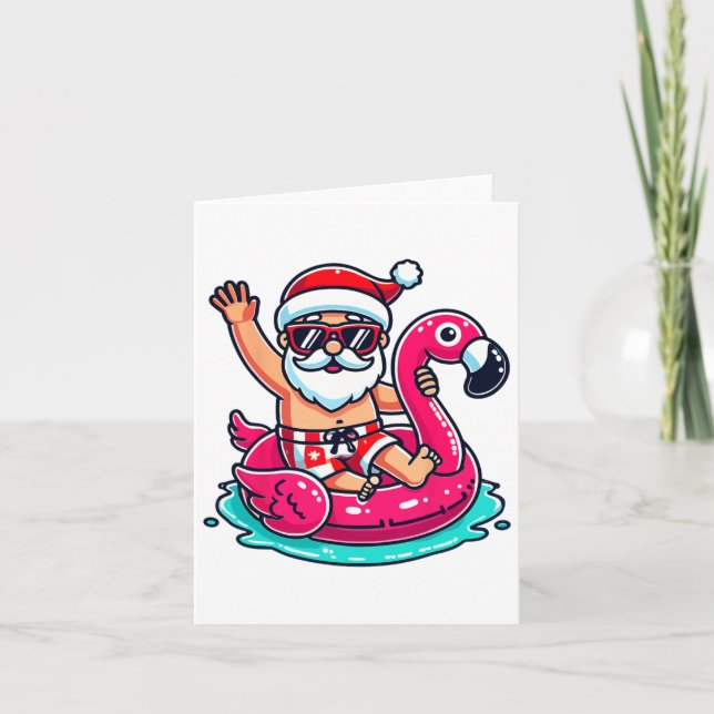 Carte Père Noël Flamant rose Plage Floatie Funny Noël À  (Devant)