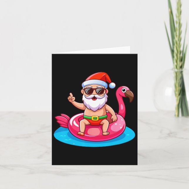Carte Père Noël Flamant rose Plage Floatie Funny Noël À  (Devant)