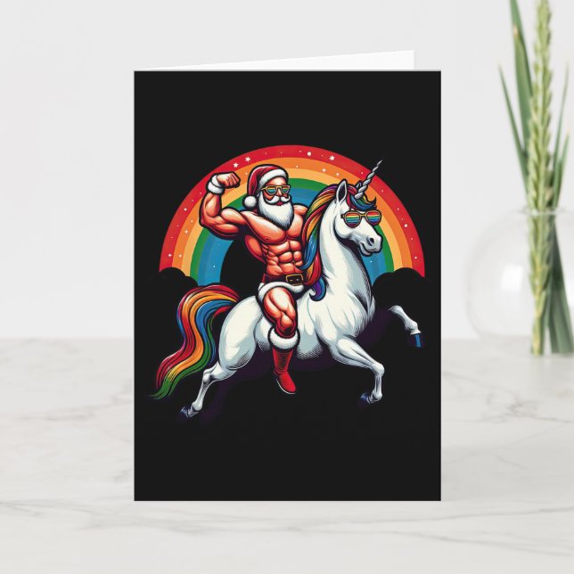 Carte Père Noël gay chevauchant une licorne montre ses m (Devant)