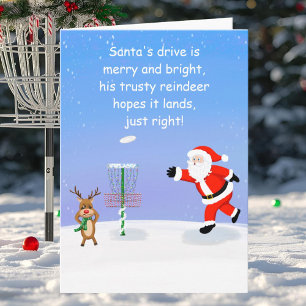 Carte Père Noël jouant au disc golf avec des rennes