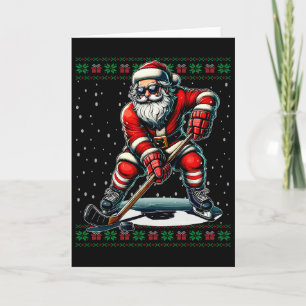Carte Père Noël jouant au hockey pull moche de Noël 