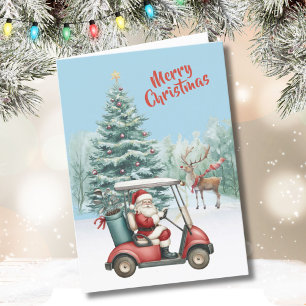 Carte Père Noël joue au golf son renne attend